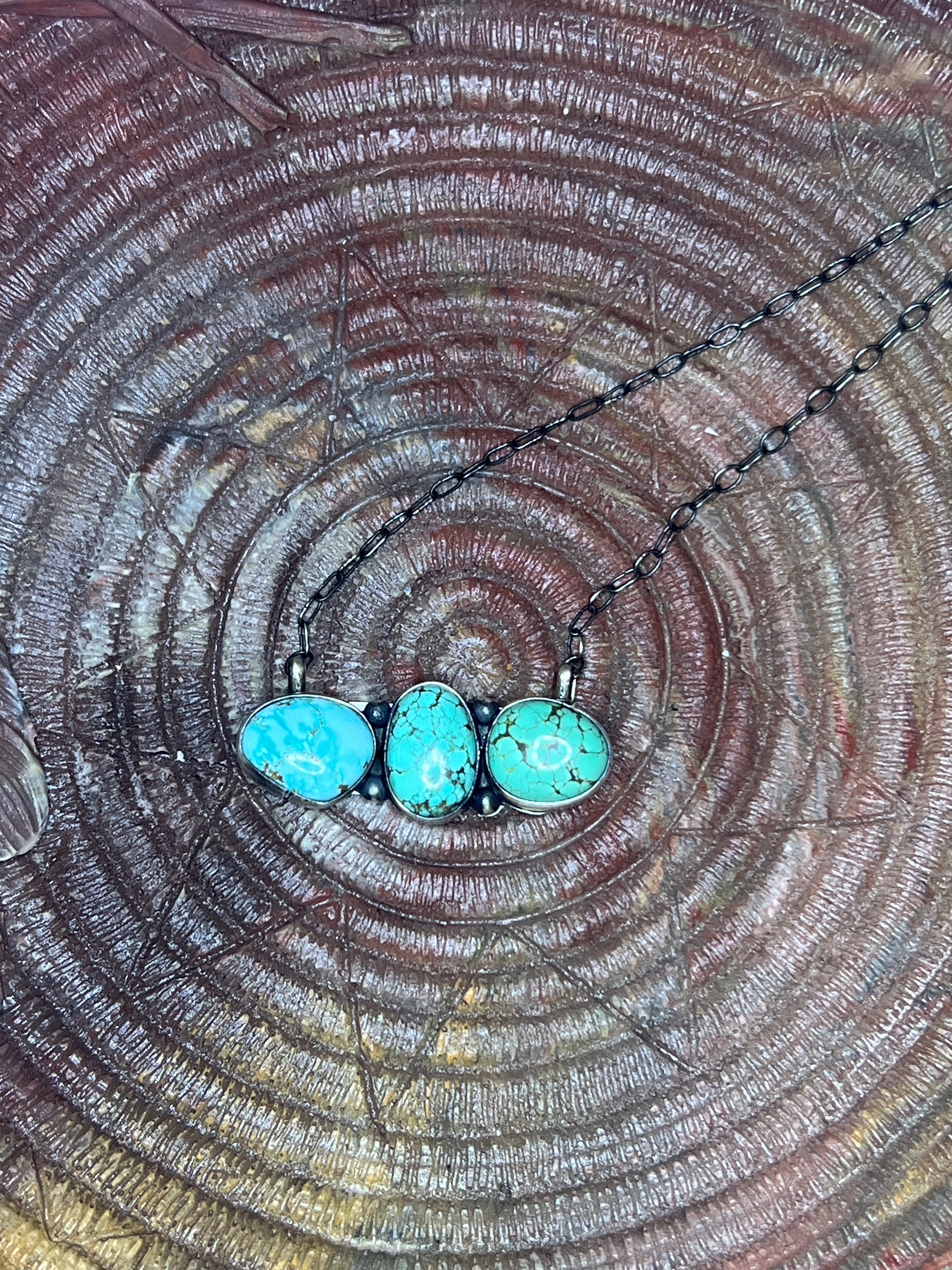 Blue Green 3 Stone Bar Necklace