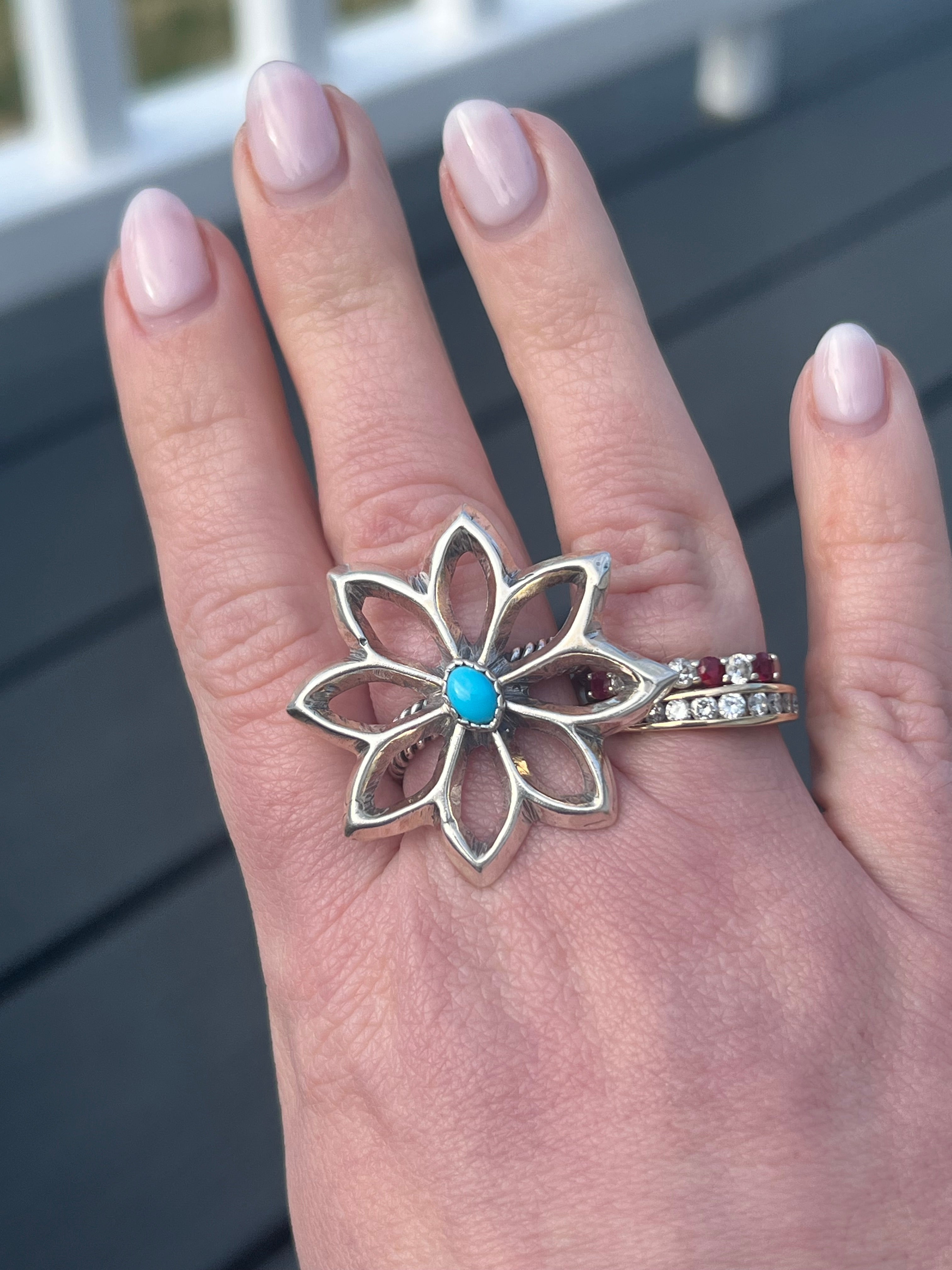 Silver Flower with Turquoise Ring